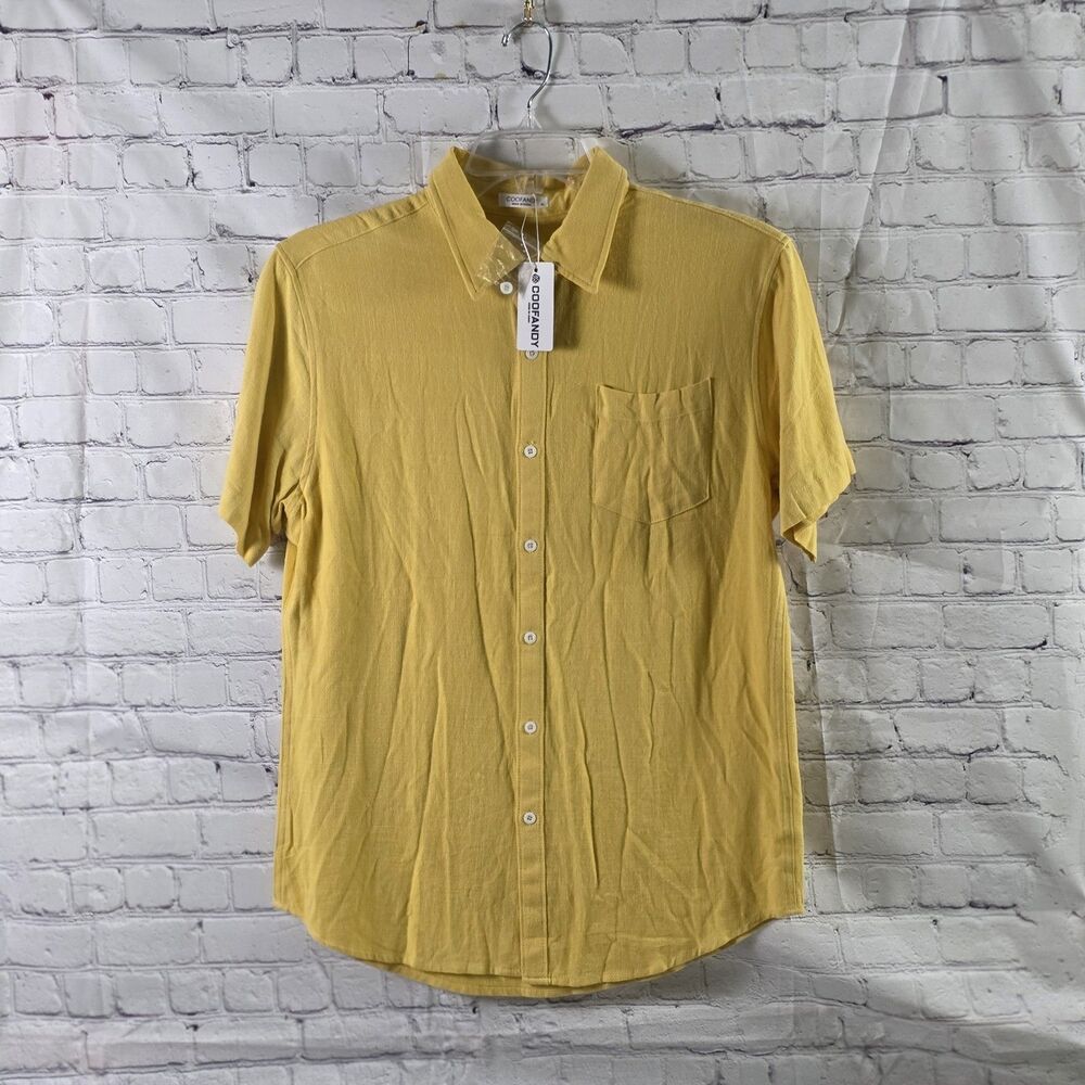 COOFANDY Men's Medium Yellow Linen Short Sleeve Button Up Shirt